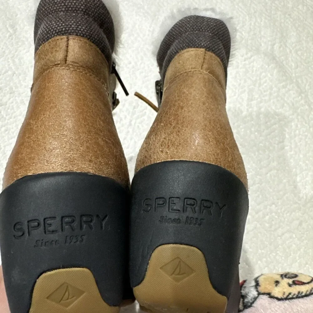 NEW  Sperry Luca Peak Tan brown suede leather fur lined wedge hiking boot Sz 5.5